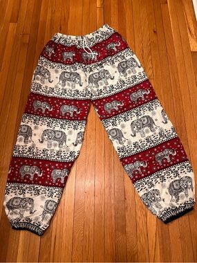 Elephant Print Boho Drawstring Pants in Red and Cream